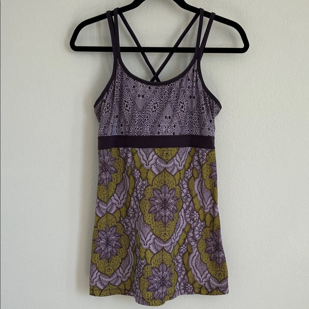 Prana Tank Top Purple Patterned Strappy Empire Waist w Shelf Bra Boho Yoga Sz M